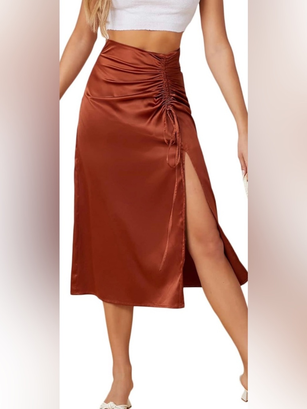Ruched Side-Slit High Waist Satin Midi Skirt - Rust | Size Medium - Picture 1 of 4